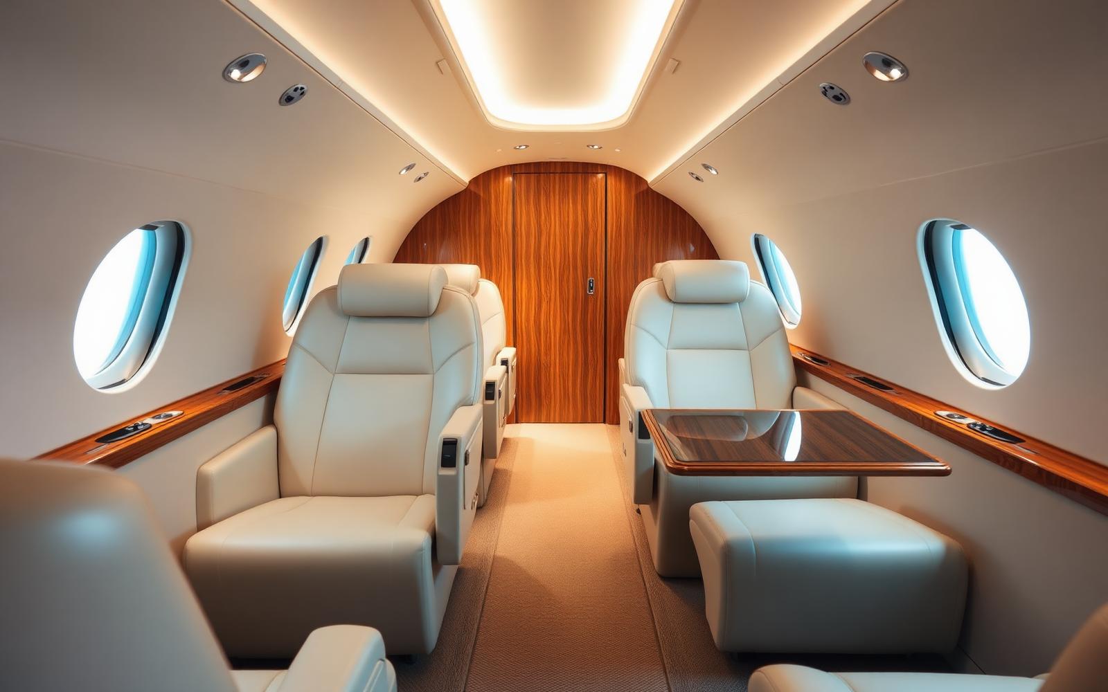 Elegante Kabine eines Privatjets mit Ledersitzen